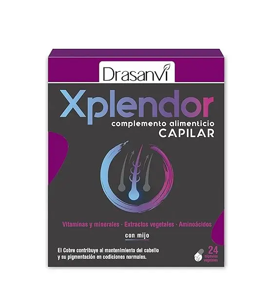 XPLENDOR Capilar con 13 Vitaminas, 4  Minerales, Aminoácidos y Extractos Vegetales | Para  el Cabello y su Pigmentación | Con Mijo, rico en Nutrientes y MicroNutrientes |24 Cápsulas = 24 Días
